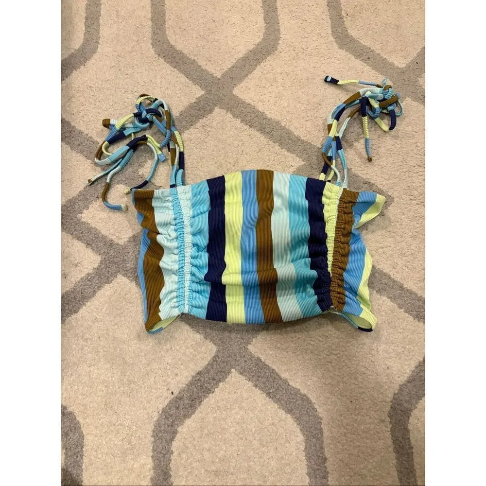 NWT Aerie Ribbed Longline Bandeau Bikini Top Blue Green Stripe Tie Straps Size M